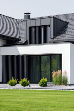 Modern house design features clean lines and large windows in a green landscape during daytime showing the exterior and garden area