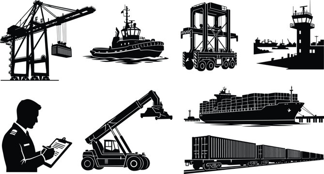 Set of black and white cargo port industry silhouette vector illustrations