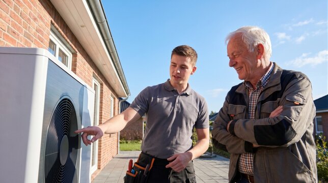 Professional technician explaining the operation of an outdoor air source heat pump unit to a senior homeowner during a home visit