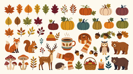 Fototapeta premium Cute autumn vector illustration set with forest animals pumpkins and colorful fall leaves.