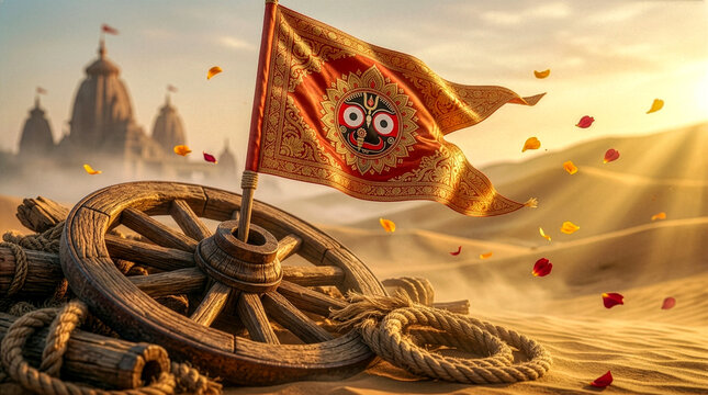 Lord Jagannath Religious Flag with Chariot Wooden Wheel and Temple Background in Desert Landscape