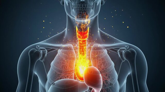 Detailed 3D illustration of human respiratory system highlighting inflamed throat and lungs anatomy