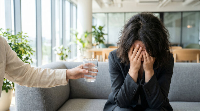 A person offering a glass of water to a distressed woman sitting on a sofa in a bright office setting
