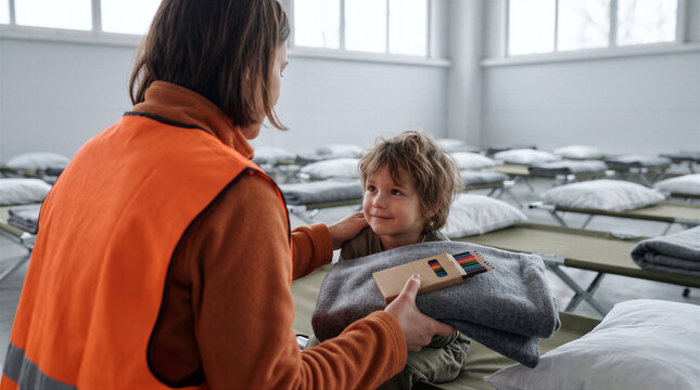 A volunteer in an orange vest provides a blanket and colored pencils to a young child in a temporary shelter with rows of cots