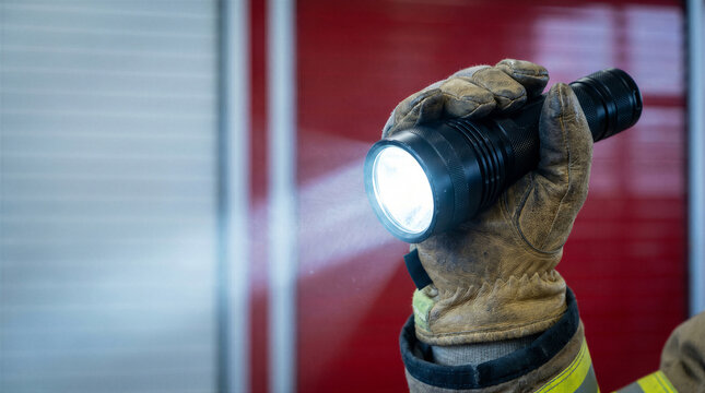 Closeup of a firefighters hand in a protective glove holding a bright, illuminated tactical flashlight in a fire station