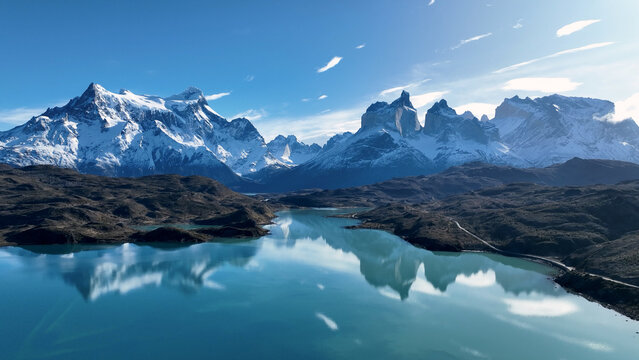 National Park In Torres Del Paine Puerto Natales Chile. Stunning Countryside Life Landscape Viewed From Above. Outdoor Travel Destination Patagonia Glacier. Exploration Patagonia Above View.