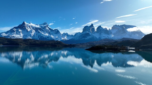 National Park In Torres Del Paine Punta Arenas Chile. Tropical River With A Scenic Forest Trees Viewed From Above. Snowy Lake Iceland Frozen. Snowy Lagoon Nature. Torres Del Paine Punta Arenas.
