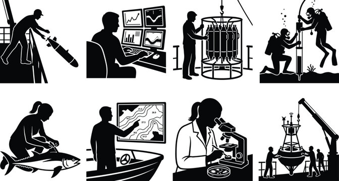 Set of black and white oceanography and marine science silhouette vector illustrations