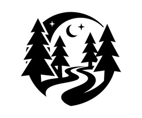 Obraz premium Title: Winding road in pine forest under crescent moon night emblem