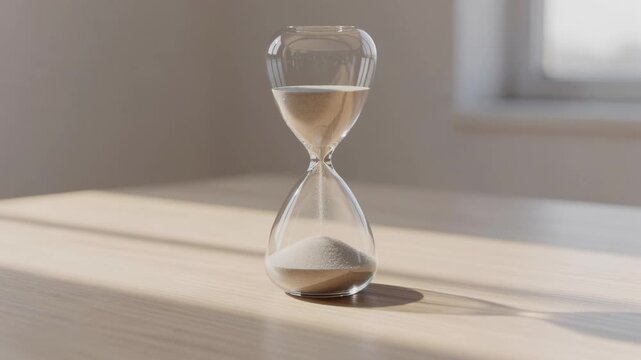 Close up of a classic hourglass with flowing sand on wooden surface in natural light