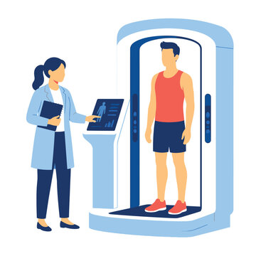 Flat vector illustration of a doctor performing a body composition scan on a male athlete.