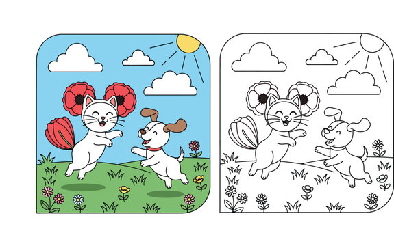 Happy cartoon cat and dog playfully frolicking in a sunny, flower-filled meadow