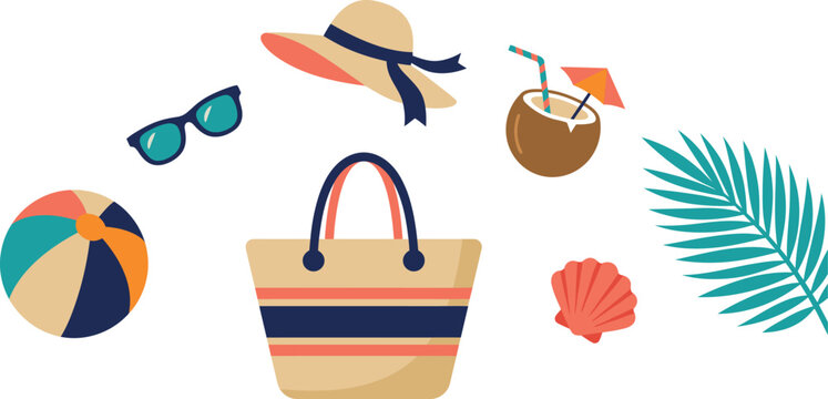 Summer sale illustration of a striped tote bag surrounded by beach items like a coconut, sunglasses, beach ball, and palm leaf on a sunny day.
