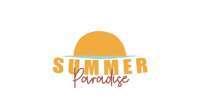 Summer Paradise text animation with sunset silhouette icon, bold block letters and script font, vibrant motion graphic on white background for travel content