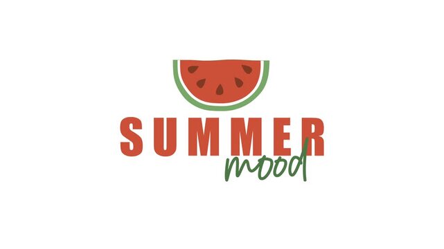 Summer Mood text animation with watermelon slice icon, bold block letters and script font, colorful fruit motion graphic on white background