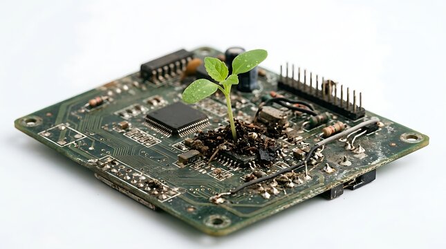 A small green plant sprouts from a mound of soil placed on an old electronic circuit board representing the harmonious integration of nature