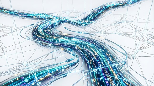 Digital data streams flowing through fiber optic networks with glowing binary code and interconnected nodes representing global communication infrastructure