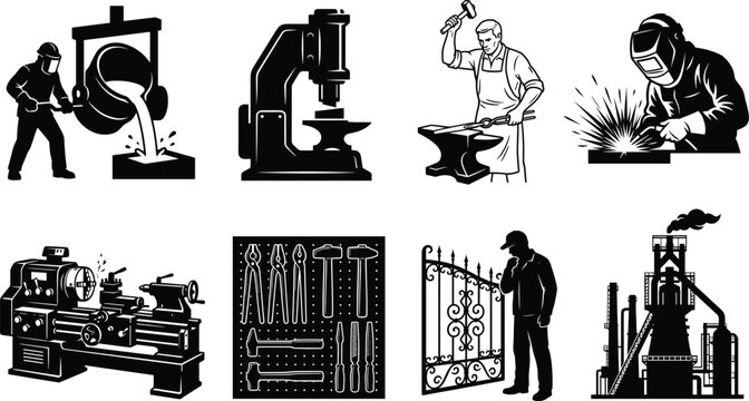 Black and white metallurgy and blacksmith industry vector illustrations set