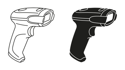 Barcode Scanner Icon Set: A clean and modern set of icons featuring a handheld barcode scanner in both outline and silhouette styles, perfect for tech and retail applications. © mahmuda
