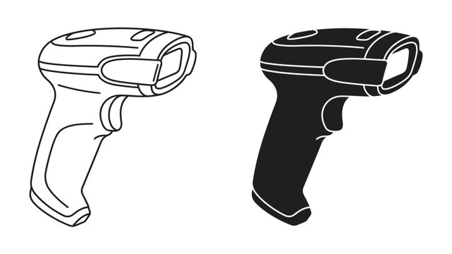 Barcode Scanner Icon Set: A clean and modern set of icons featuring a handheld barcode scanner in both outline and silhouette styles, perfect for tech and retail applications.
