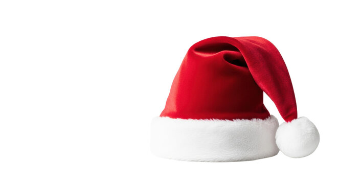 Photorealistic close-up of a slouching plush crimson velvet santa hat with thick white faux fur and pom-pom on a transparent background, high-key christmas concept