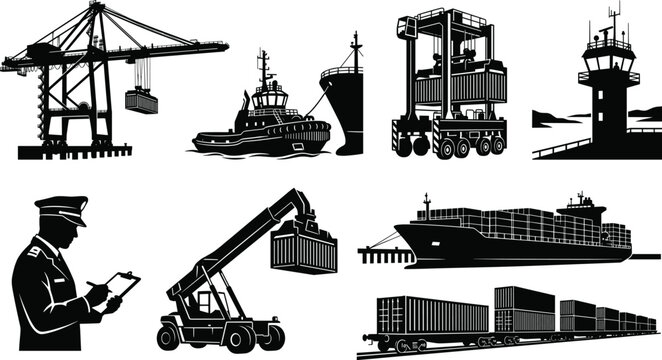 Commercial seaport and cargo logistics silhouette icons set featuring container ship crane and customs officer