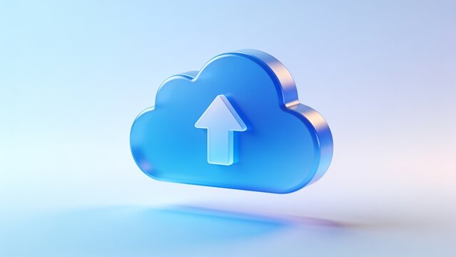 3D Rendered Blue Cloud Computing Upload Icon Representing Digital Data Storage and Network Information Transfer for Modern Cloud Infrastructure