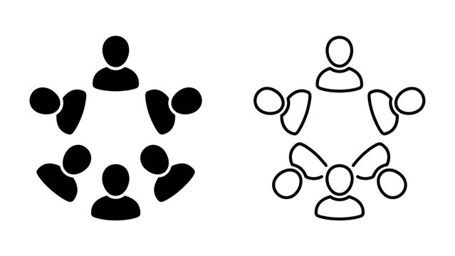 Team Meeting Iconography: Two distinct icons represent a group of people seated in a circular formation, symbolizing collaboration, discussion, and team assembly.