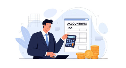 Fototapeta premium Accountant Calculating Taxes and Finances with Calculator and Coins - Vector Illustration