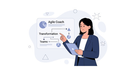 Naklejka premium Agile Coach explains business transformation and team dynamics with a tablet and whiteboard presentation.