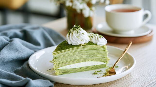 delicious japanese matcha crepe cake slice with vibrant colors