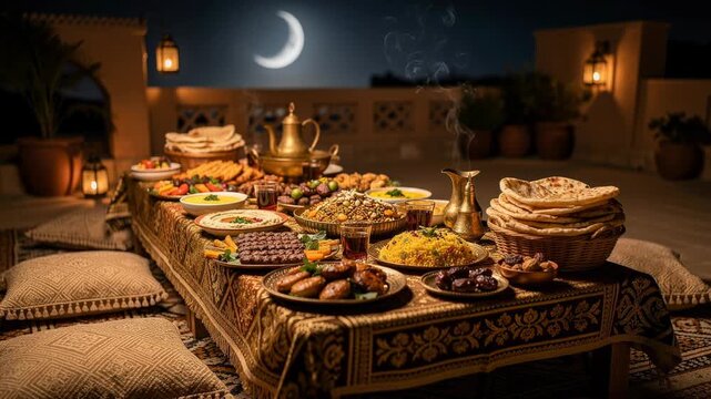 Traditional Middle Eastern outdoor feast with various dishes bread and tea under crescent moon at night