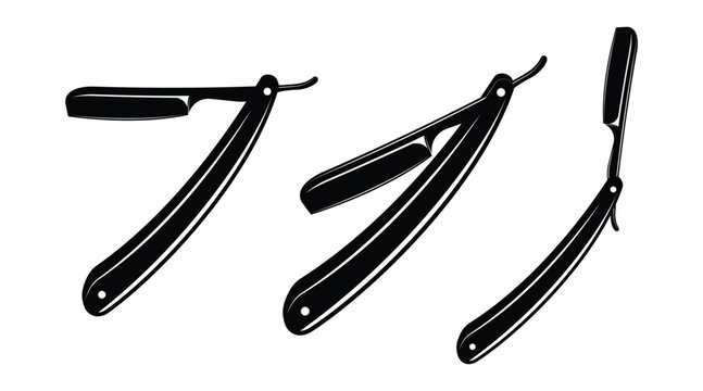 Straight Razor Icon Set &ndash; Vintage Barber Razor, Classic Shaving Tool, Barbershop Grooming, Outline & Silhouette Vector Collection