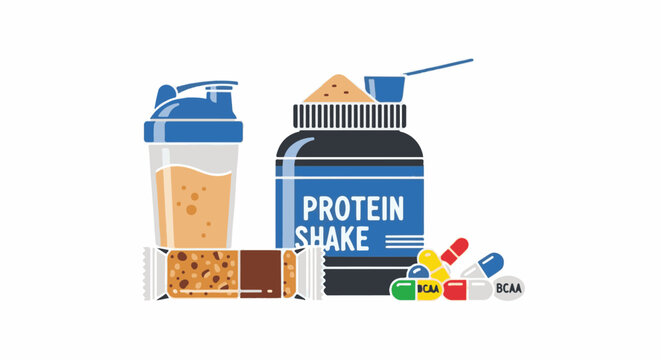 A sports nutrition setup featuring a protein shake bottle a shaker cup a bar and supplements