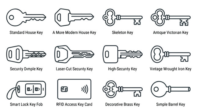 Collection of various keys and key types for unlocking doors and security
