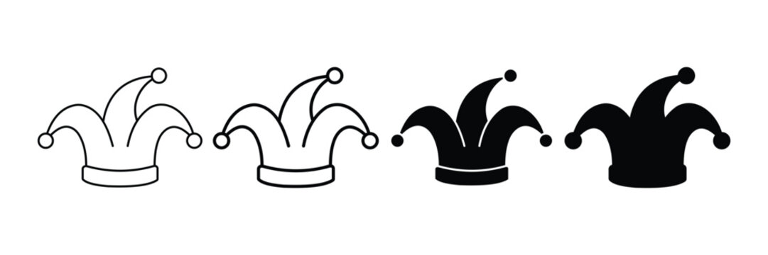 Jester Hat Icon Set &ndash; Joker Hat, Carnival Cap, Medieval Clown, Festival Costume, Outline & Silhouette Vector Collection
