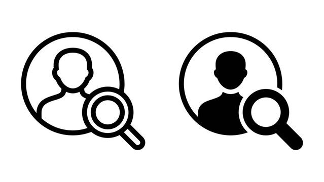 User Search Icon: Two icons depicting a person silhouette within a circle, with a magnifying glass placed over them, representing user search or profile inspection.