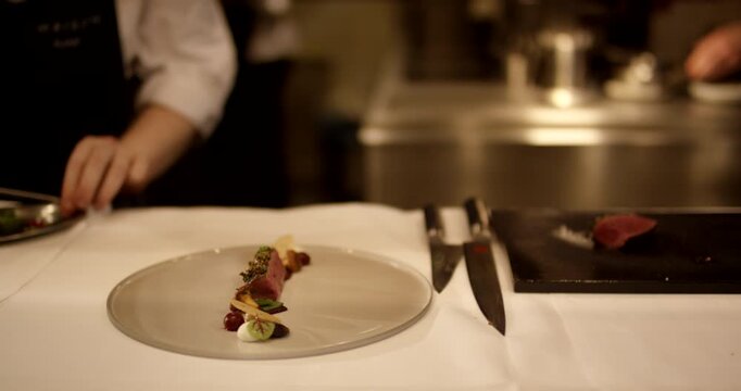 Culinary presentation of a gourmet main course arranged in a straight line on a flat round plate in a kitchen