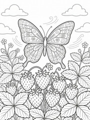Fototapeta premium A butterfly flying over a strawberry bush coloring page
