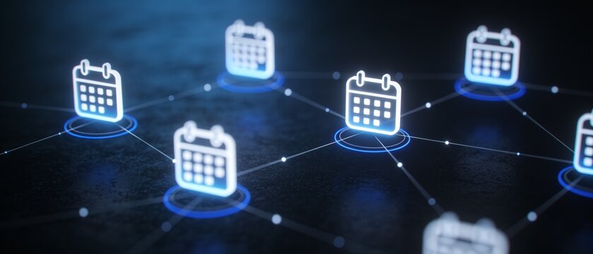 Digital Network of Connected Calendar Icons for Time Management and Scheduling Synchronization in Blue Futuristic Space