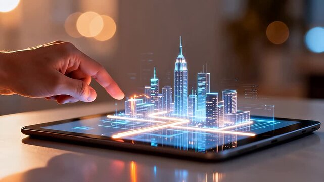 Hand interacting with digital cityscape on tablet