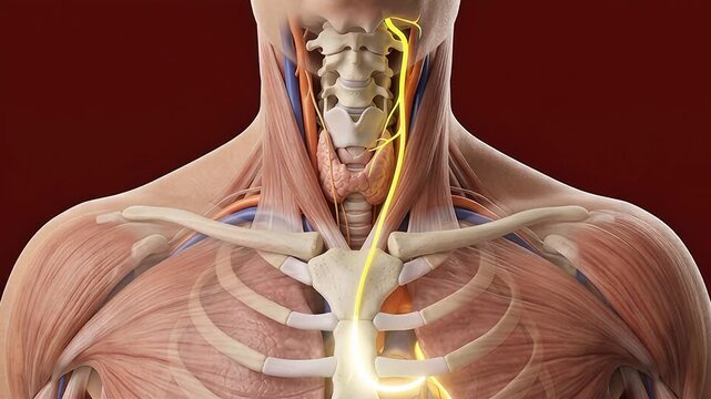 3D medical animation of vagus nerve pathway through neck and chest showing thyroid and cervical spine anatomy on dark red background