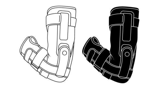 Elbow Brace Illustration: A technical drawing showcasing an elbow brace in both outline and solid black form, highlighting its adjustable straps and support structure for injury recovery.