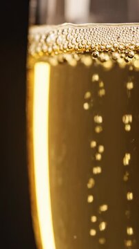 Bastille Day champagne bubbles rising macro, golden liquid columns of bubbles in crystal glass, French celebration toast, elemental texture b-roll France July 14