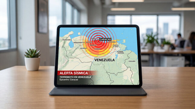 Tablet sobre escritorio mostrando mapa de alerta s&iacute;smica en Venezuela con epicentro en Caracas. Concepto de sismolog&iacute;a, desastres naturales y noticias.
