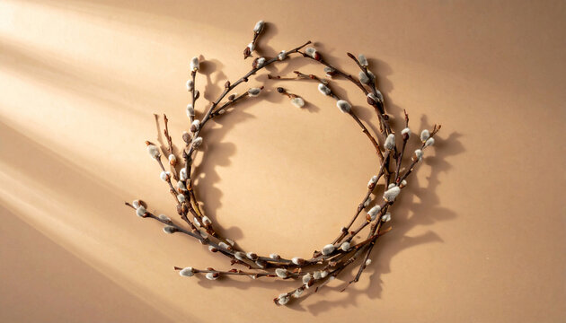 Spring Willow Catkin Wreath with Dappled Sunlight Shadows on a Warm Beige Background, a Minimalist and Natural Composition Symbolizing Easter and Renewal