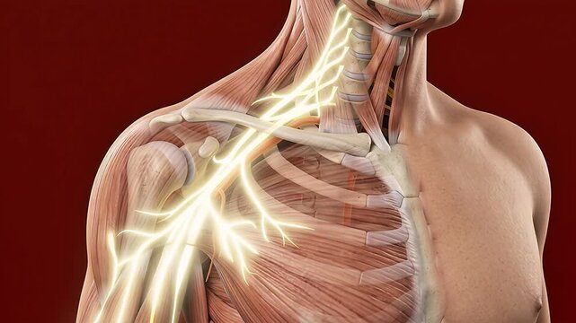 3D medical animation of brachial plexus nerve network through neck and shoulder showing collarbone and rib cage anatomy on dark red background