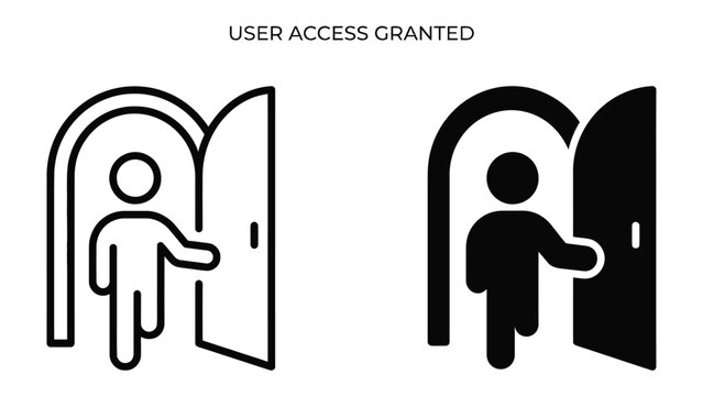 User Access Granted: Two minimalist icons depict a person entering through an open doorway, symbolizing permission and entry into a secured area. A clear.