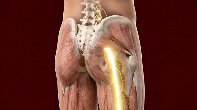 3D medical animation of sciatic nerve pathway through buttock and hip showing piriformis muscle anatomy on dark red background