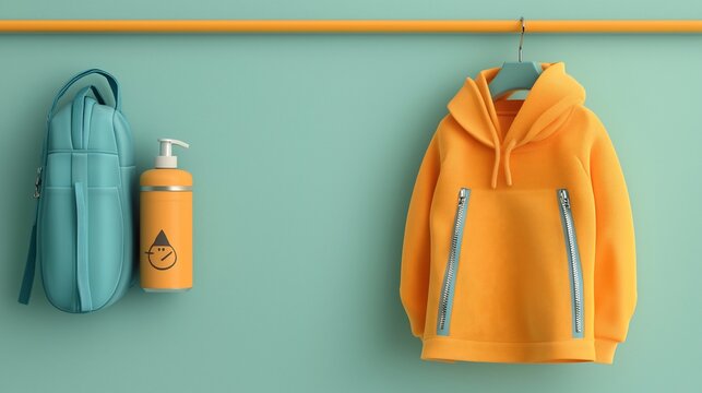 Teal bag, orange hoodie, and sanitizer bottle hang on a pastel green wall.